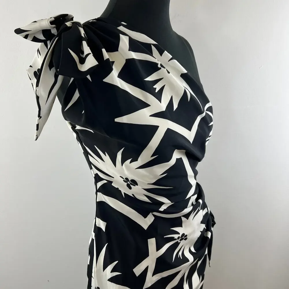 VINTAGE Black White Floral One Shoulder Knee Length Bodycon Bow Dress 2 4 VTG - Picture 3 of 7